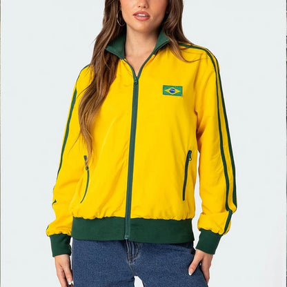 BRASIL Yellow Vintage Jackets Women's Oversized Harajuku Zipper Windbreaker Y2k Streetwear Loose Coats Autumn Trend Sweatshirts