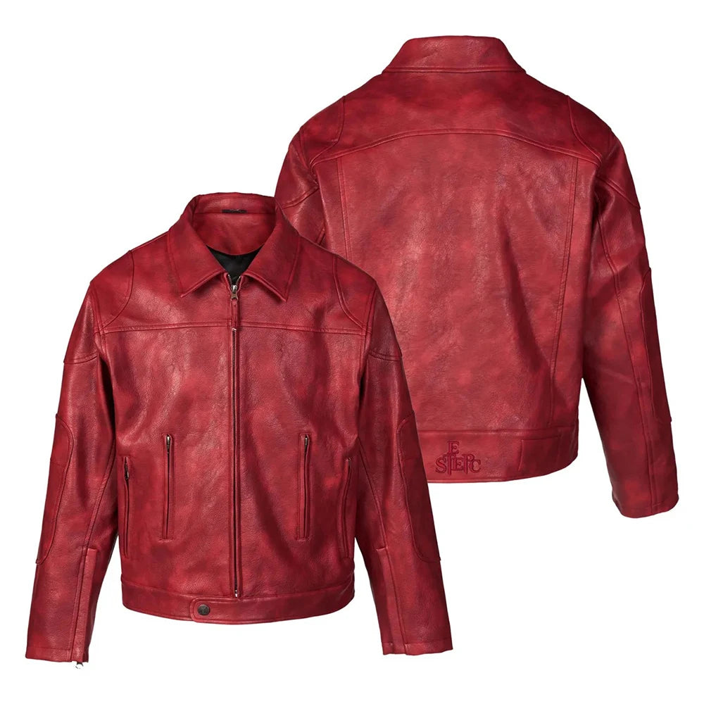 Men's Red Long-Sleeved Pu Leather Jacket American Retro Fashion Trend Street Hip-Hop Loose Casual Niche 2025 Men's New Jacket