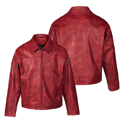 Men's Red Long-Sleeved Pu Leather Jacket American Retro Fashion Trend Street Hip-Hop Loose Casual Niche 2025 Men's New Jacket