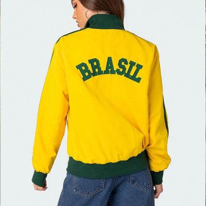 BRASIL Yellow Vintage Jackets Women's Oversized Harajuku Zipper Windbreaker Y2k Streetwear Loose Coats Autumn Trend Sweatshirts