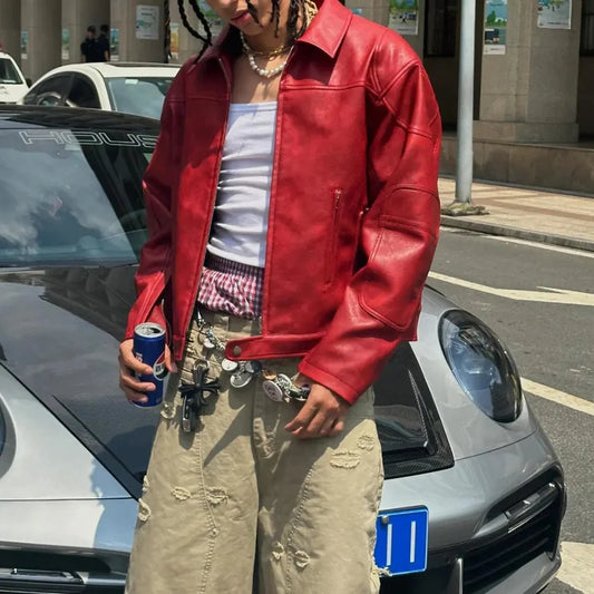 Men's Red Long-Sleeved Pu Leather Jacket American Retro Fashion Trend Street Hip-Hop Loose Casual Niche 2025 Men's New Jacket