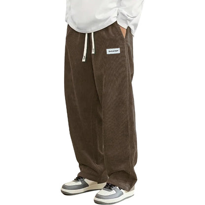 Autumn Mens Corduroy Casual Pants Fashion Loose Fit Pants Straight Sweatpants Elastic Waist Drawstring Outdoor Streetwear