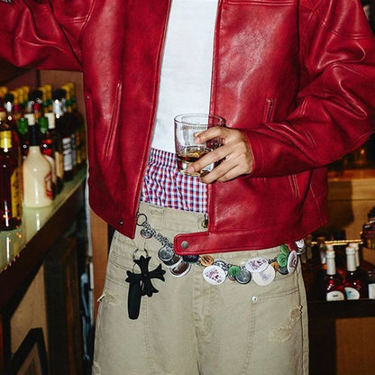 Men's Red Long-Sleeved Pu Leather Jacket American Retro Fashion Trend Street Hip-Hop Loose Casual Niche 2025 Men's New Jacket