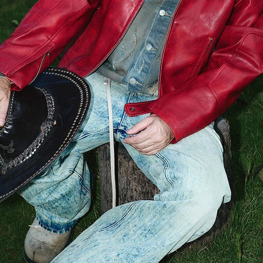 Men's Red Long-Sleeved Pu Leather Jacket American Retro Fashion Trend Street Hip-Hop Loose Casual Niche 2025 Men's New Jacket