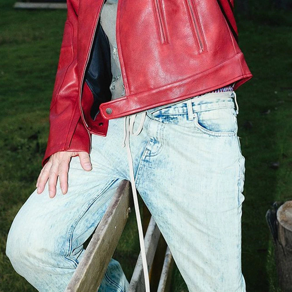 Men's Red Long-Sleeved Pu Leather Jacket American Retro Fashion Trend Street Hip-Hop Loose Casual Niche 2025 Men's New Jacket
