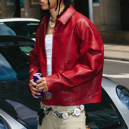 Men's Red Long-Sleeved Pu Leather Jacket American Retro Fashion Trend Street Hip-Hop Loose Casual Niche 2025 Men's New Jacket